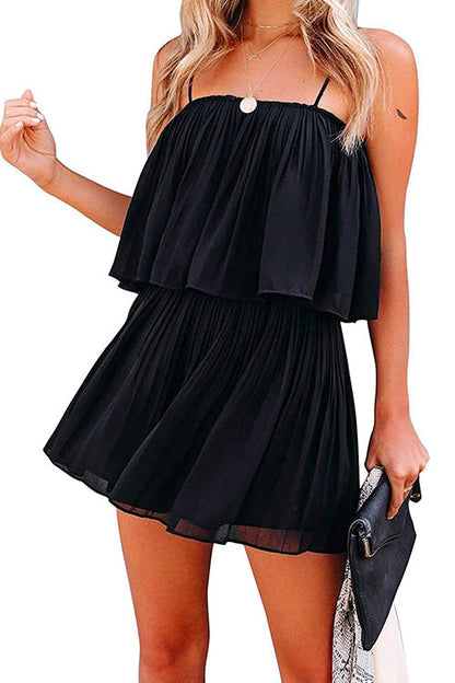 Margovil Solid Waisted Ruffle Pleated Cami Shorts Romper