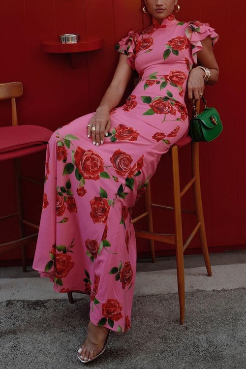 Ruffled Cap Sleeves Rose Print Maxi Cheongsam Dress