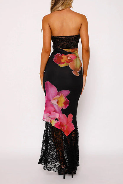 Margovil Strapless Lace Splice Floral Print Maxi Dress