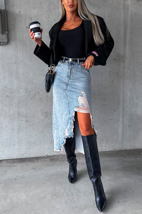 Ribbed Frayed Hem Irregular Distressed Denim Skirt