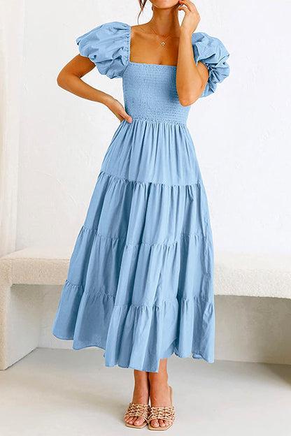 Margovil Square Collar Puff Sleeve Smocked Ruffle Tiered Dress