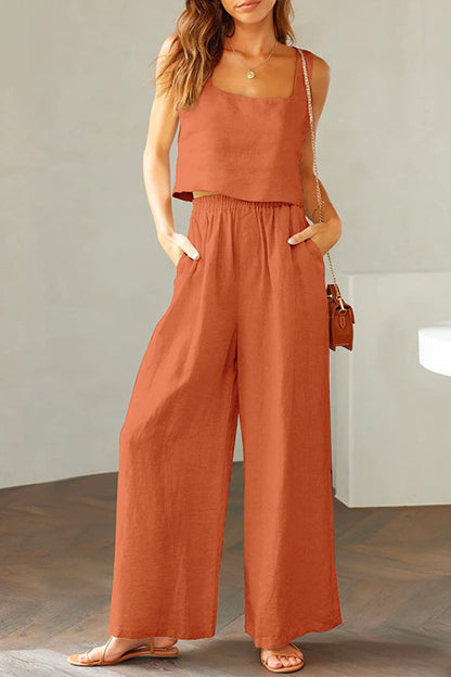 Margovil Square Collar Cami Crop Top Wide Leg Pants Cotton Linen Set