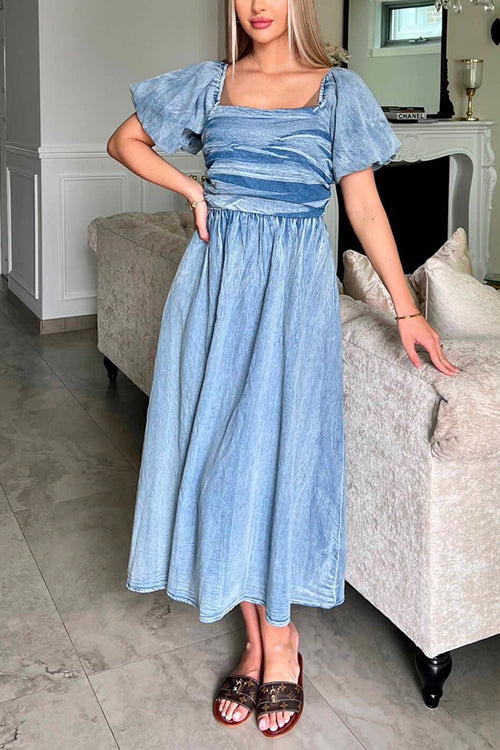 Margovil Puff Sleeves Smocked Empire Waist Denim Swing Dress