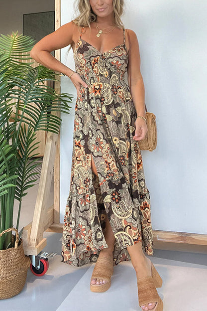 Margovil V Neck Back Lace-up Slit Floral Print Maxi Cami Dress