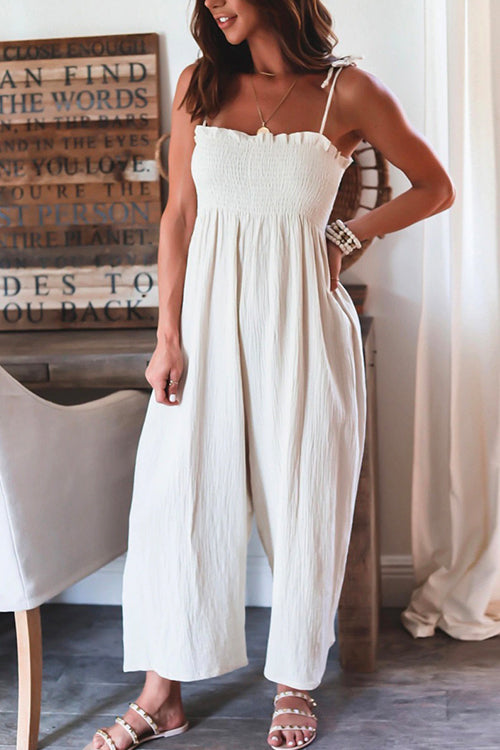 Margovil Tie Shoulder Smocked Wide Leg Cami Jumpsuit