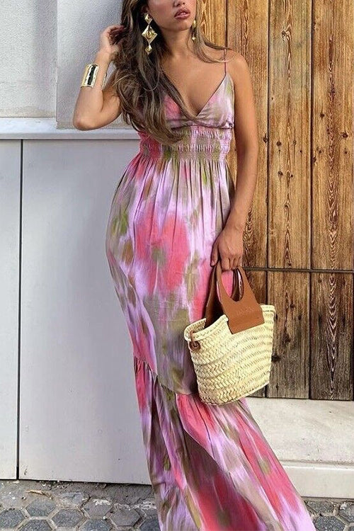 Margovil V Neck Open Back High Waist Tie Dye Maxi Vacation Dress