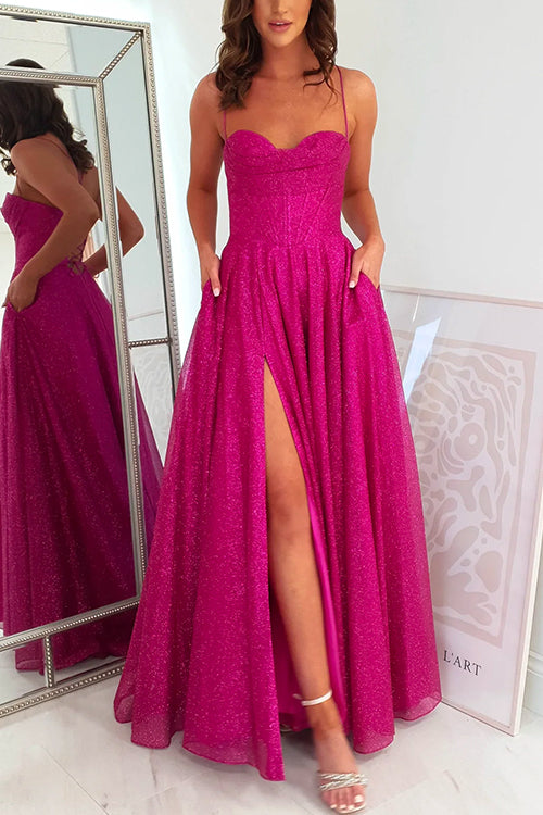 Margovil Lace Up Backless High Slit Corest Glitter Maxi Gown Dress