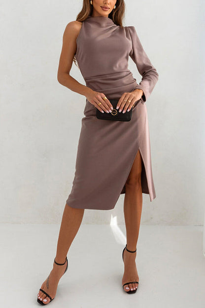 One Shoulder Mockneck Slit Cocktail Midi Dress