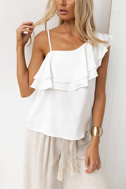 Asymmetric Shoulder Sleeveless Ruffle Top