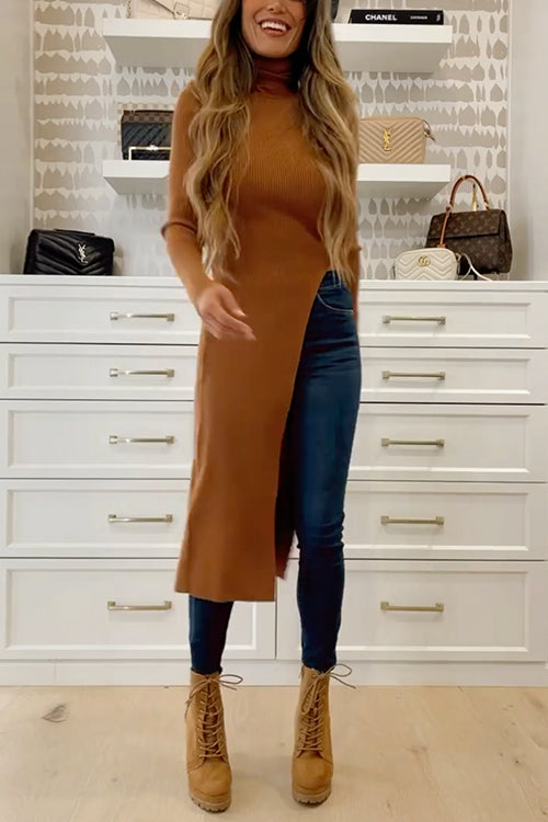 7 Colors Maillard Turtleneck High Slit Ribbed Knit Dress