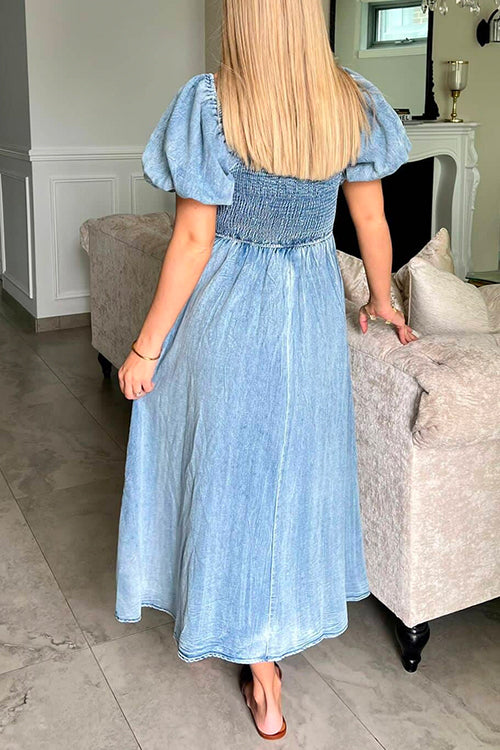 Margovil Puff Sleeves Smocked Empire Waist Denim Swing Dress