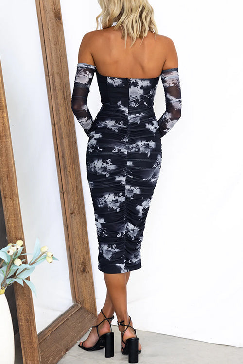 Off Shoulder Long Sleeves Printed Bodycon Midi Dress