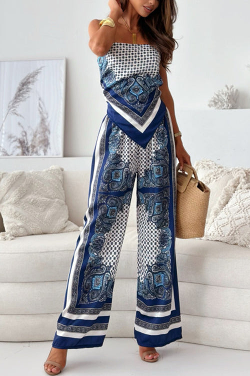 Margovil Tie Knot Backless Cami Top Wide Leg Pants Printed Set