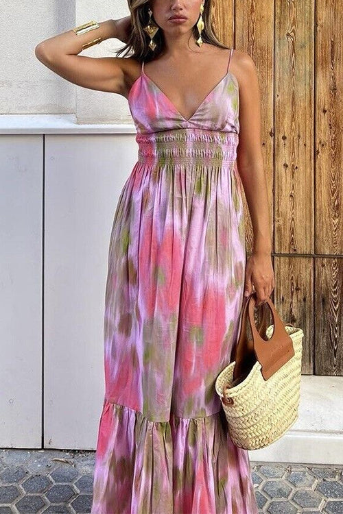 Margovil V Neck Open Back High Waist Tie Dye Maxi Vacation Dress