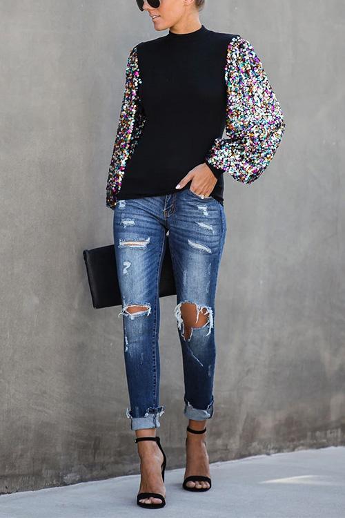 Margovil Sequin Lantern Sleeve Festive Blouses