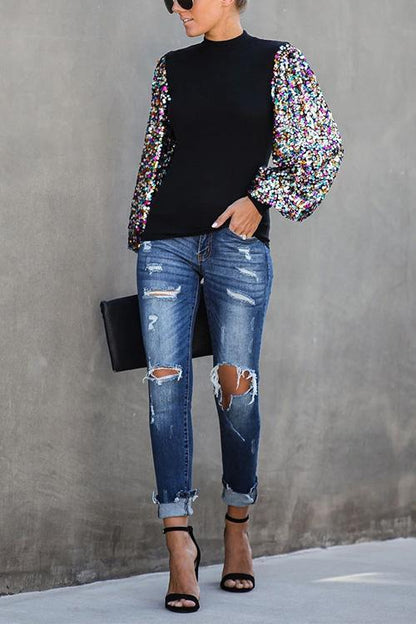 Margovil Sequin Lantern Sleeve Festive Blouses