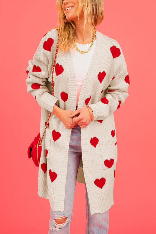 Margovil Open Front Pocketed Valentines Date Heart Print Cardigan