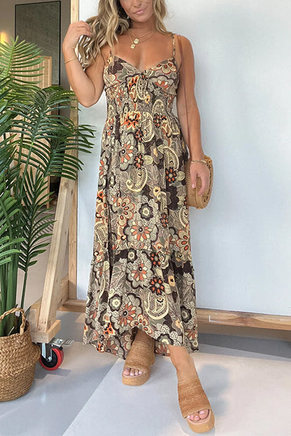 Margovil V Neck Back Lace-up Slit Floral Print Maxi Cami Dress