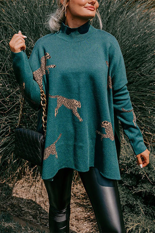 Margovil High Neck Side Slit Cheetah Pattern Sweater