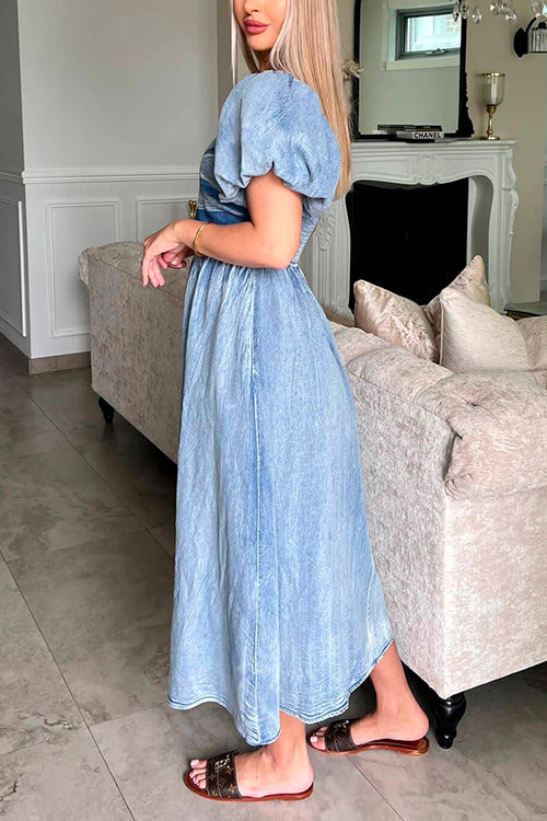 Margovil Puff Sleeves Smocked Empire Waist Denim Swing Dress