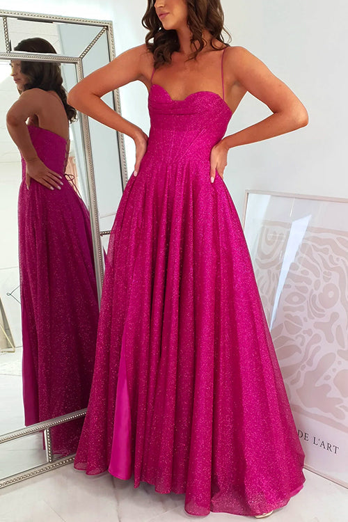 Margovil Lace Up Backless High Slit Corest Glitter Maxi Gown Dress