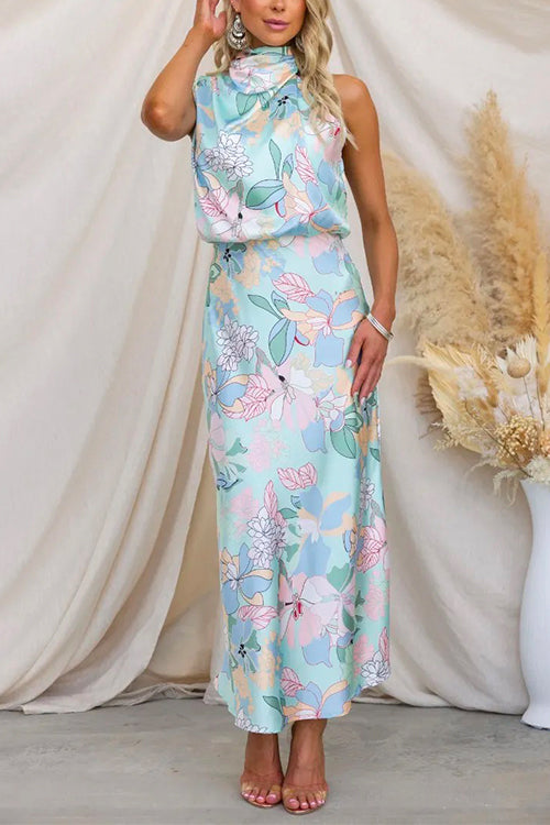 Margovil Irregular Tie Neck Waisted Floral Printed Maxi Satin Dress