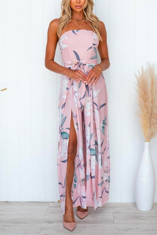 Margovil Sleeveless Off Shoulder Tie Waist Split Wide Leg Floral Jumpsuit