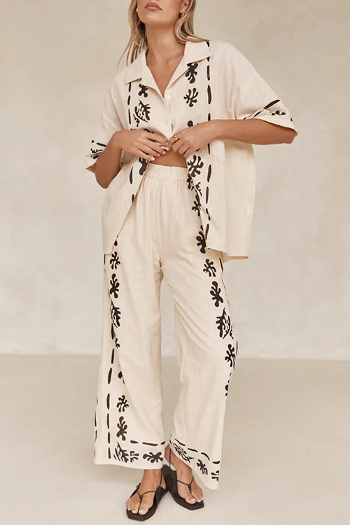 Margovil Cotton Linen Short Sleeves Button Down Shirt Elastic Waist Wide Leg Pants Printed Set