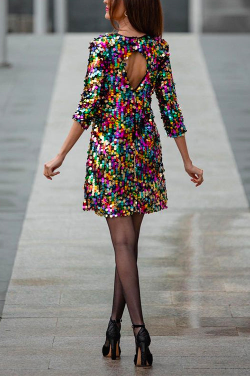 3/4 Sleeves Back Cut Out Rainbow Sequin Mini Party Dress