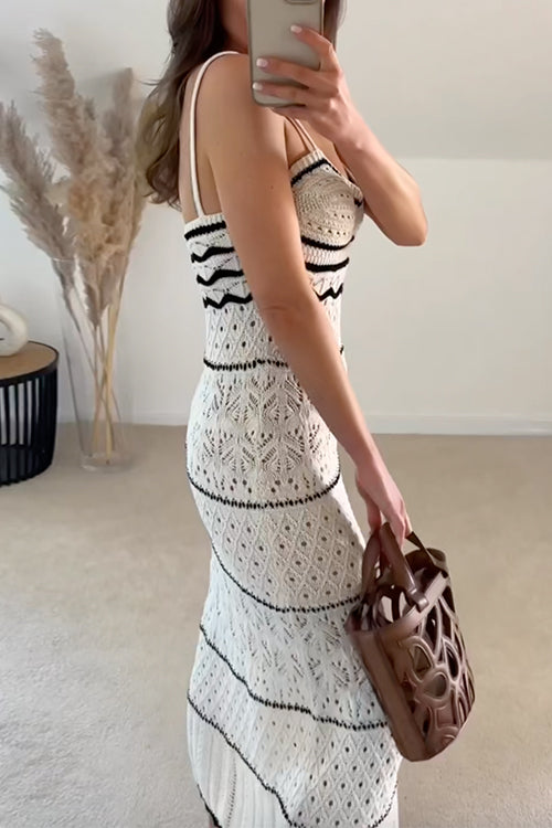 Margovil V Neck Crochet Hollow Out Color Block Knitting Maxi Cami Dress