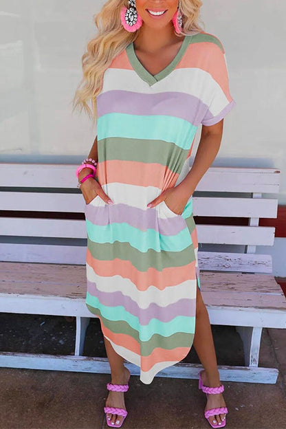 Margovil Curve Hem Side Split Rainbow Stripes Midi Dress