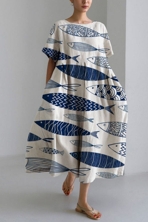 Margovil Printed Short Sleeves Pocketed A-line Midi Dress