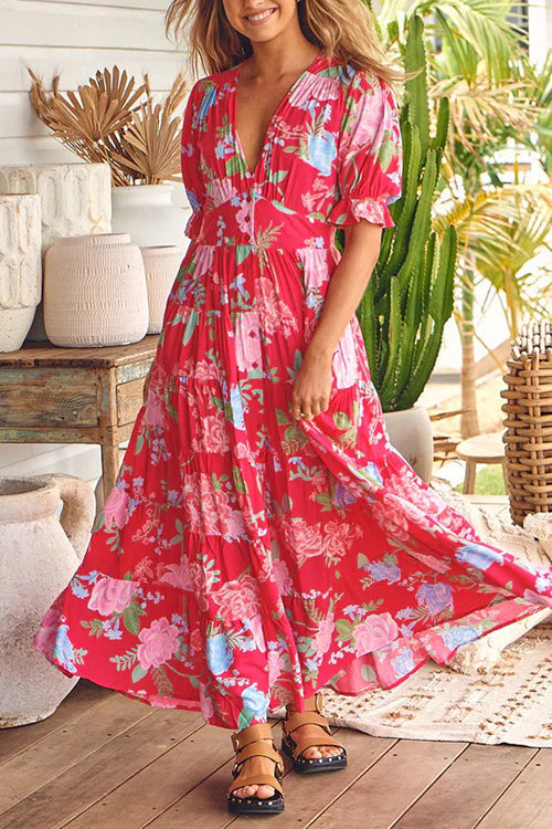 Margovil V Neck Button Up Floral Print Flowy Maxi Dress