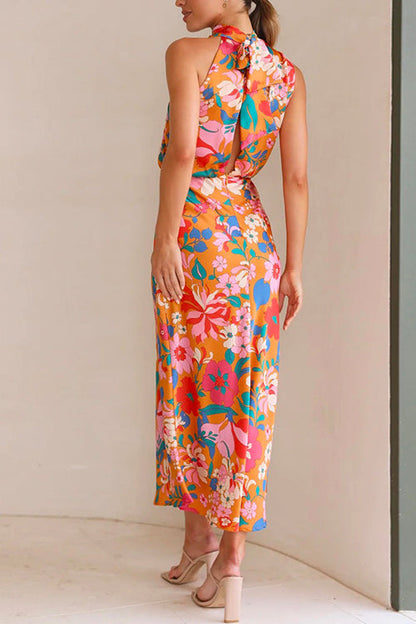 Margovil Tie Back Halter Sleeveless Waisted Maxi Floral Dress