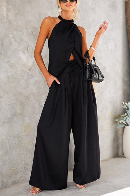 Halter Slit Top Tie Waist Pocketed Wide Leg Pants Set