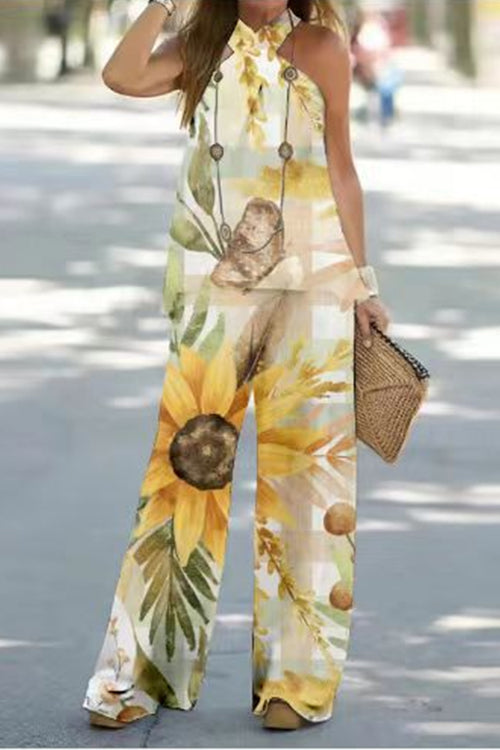 Margovil Criss Cross Halter Sleeveless Top Wide Leg Pants Printed Vacation Set