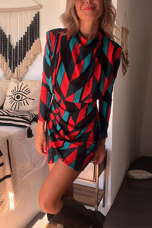 Mockneck Long Sleeves Printed Tulip Mini Dress