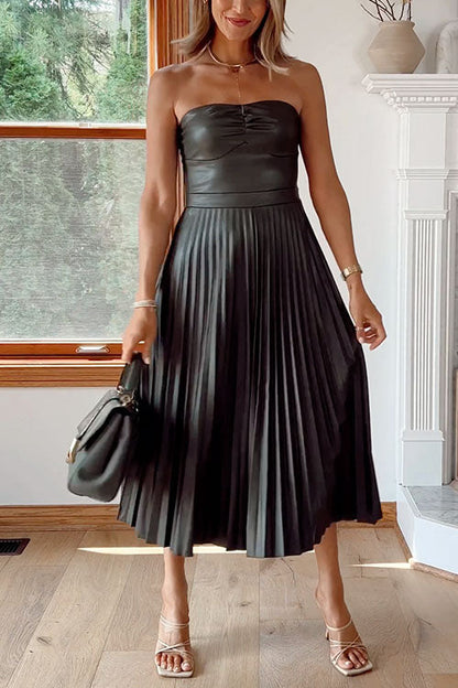 Strapless Pleated Faux Leather Midi Dress