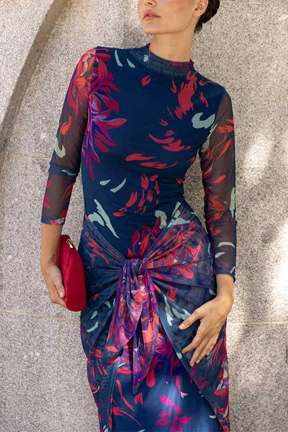 Mockneck Long Sleeves Tie Knot Front Printed Midi Dress