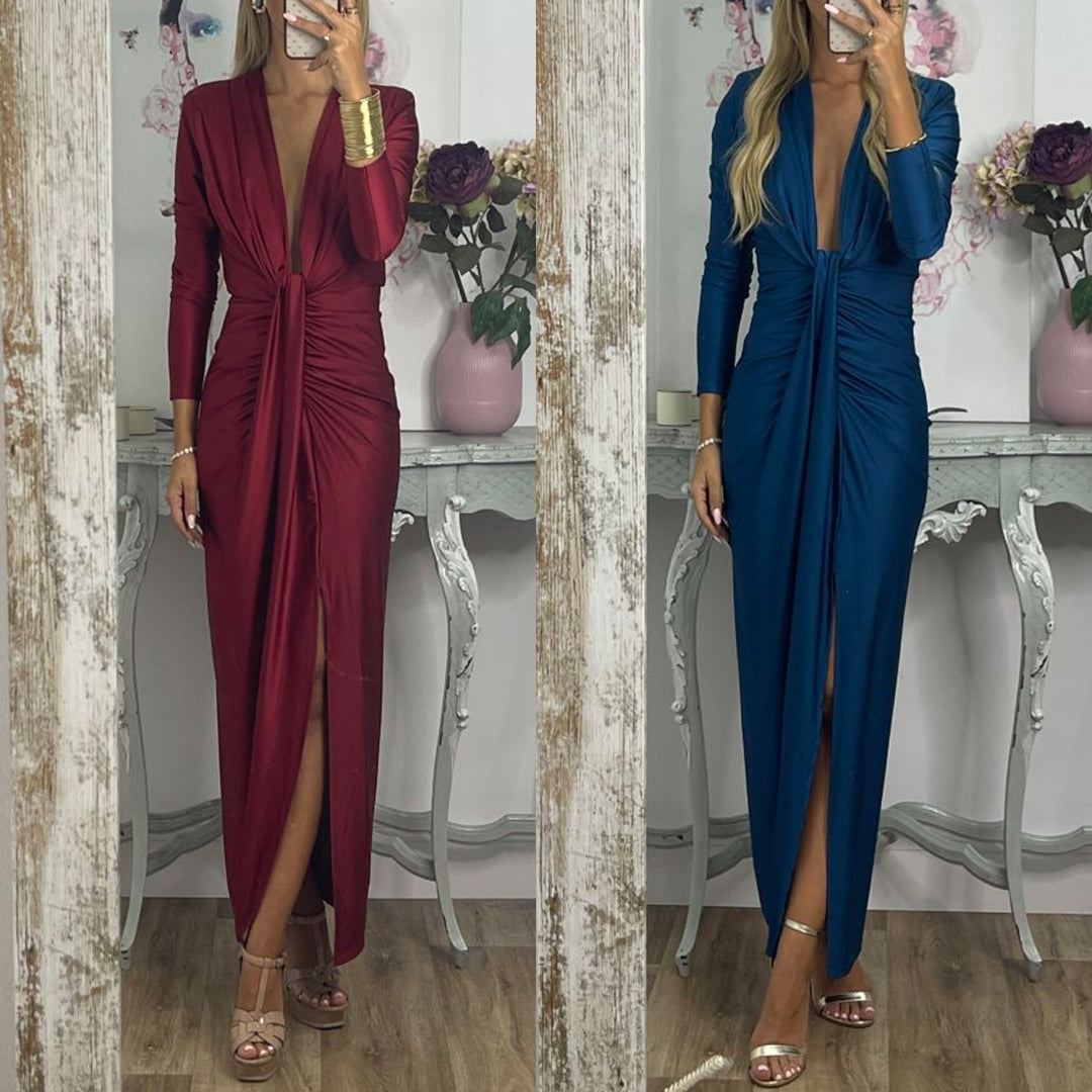 Margovil Deep V Neck Ruched Slit Maxi Bodycon Dress