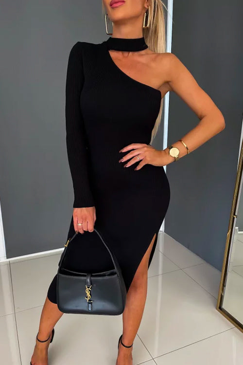 Choker One Shoulder Long Sleeve Slit Midi Bodycon Dress