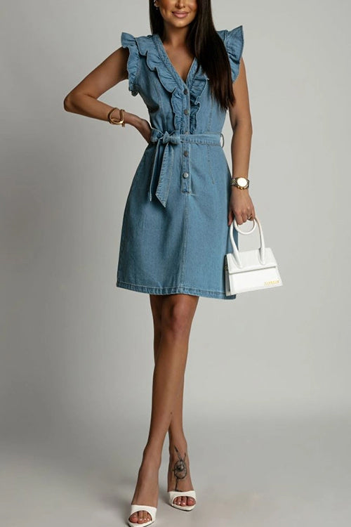 Margovil V Neck Button Up Tie Waist Ruffle Trim Denim Dress