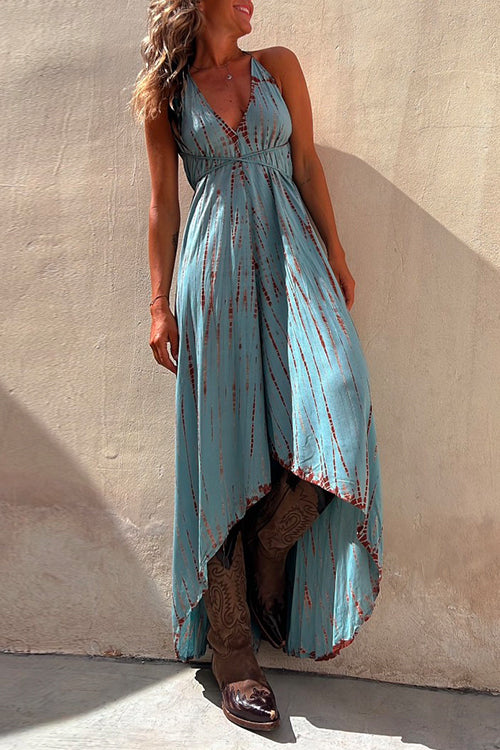 Margovil V Neck High Low Hem Tie Dye Maxi Cami Dress