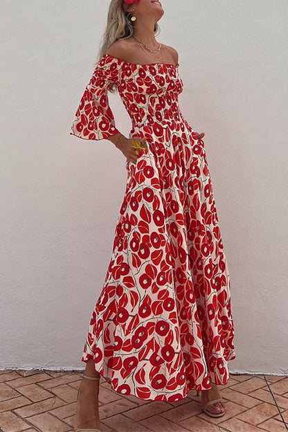 Off Shoulder Bell Sleeves Abstract Print Swing Maxi Dress