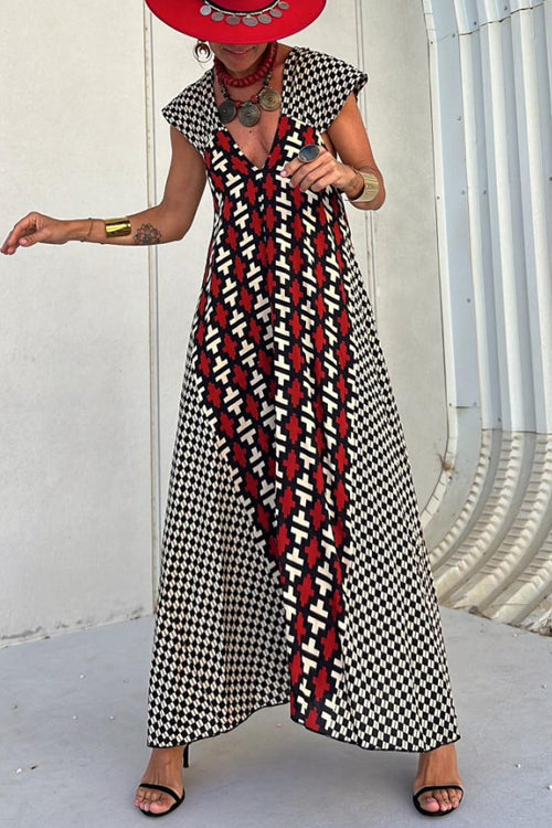 V Neck Color Block Plaid Swing Maxi Dress