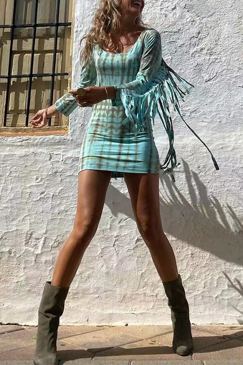 Margovil Tie Dye Long Sleeves Tassle Mini Dress