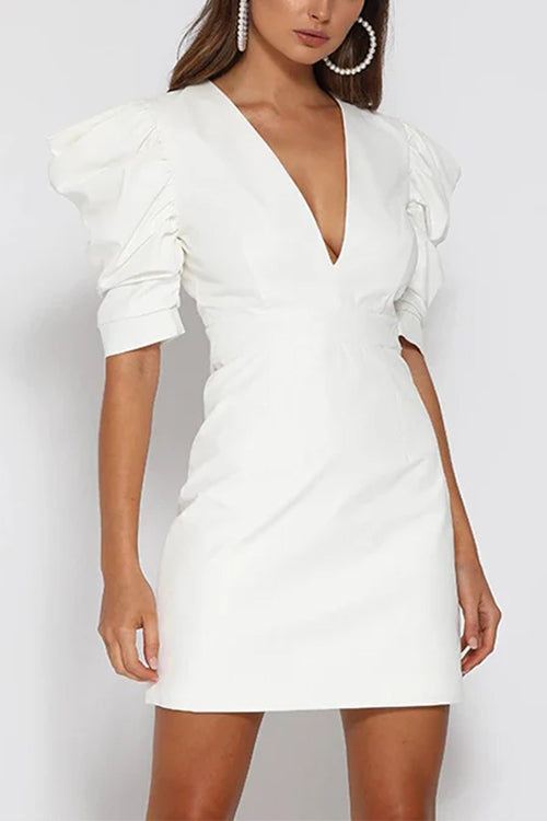 Margovil V Neck Backless Ruched Puff Sleeves Mini Dress