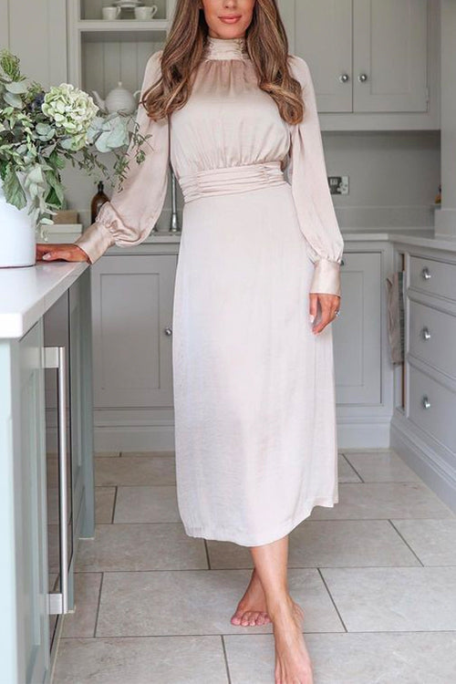 Mockneck Long Sleeves Waisted Satin Midi Dress