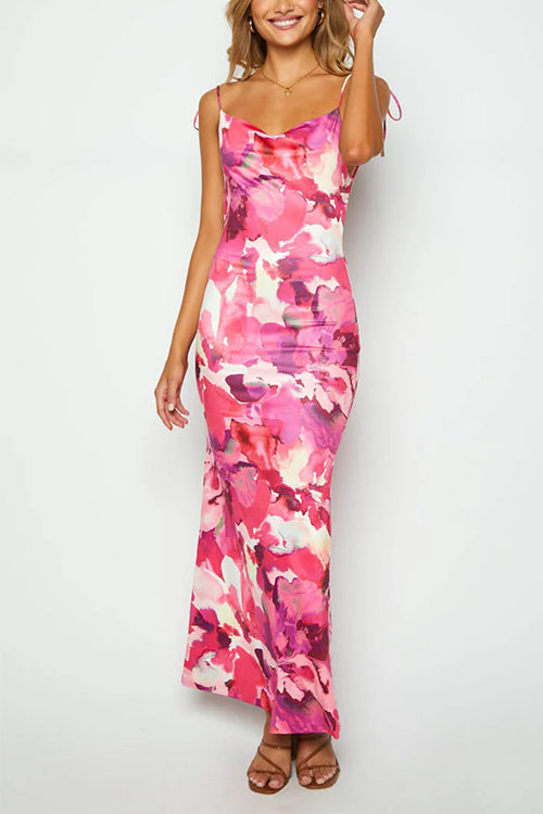 Margovil Tie Shoulder Backless Printed Maxi Cami Dress