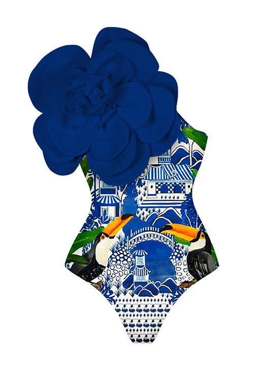 Big Flower One Shoulder Printed One-piece Swimsuit